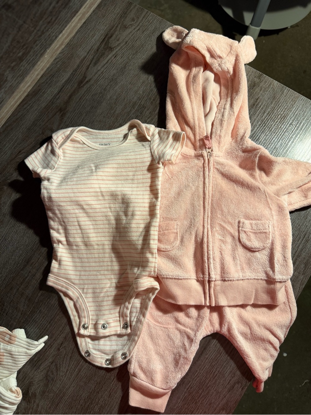 Carter's Light Pink Hooded Zip Romper & Striped Bodysuit Set